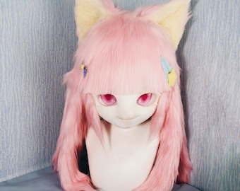 Cute Pink Fox Kemono Mask with Adjustable Head and Matching Paws Fluffy Handmade Fursuit for Kawaii Cosplay Costume Halloween Shoots Outfit