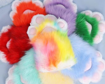 Color Explosion Furry Paw Gloves Rainbow Plush Cat Dog Paws with Shiny Claws Handmade Cosplay Accessory Fursuit DIY Kawaii Costume Lovers