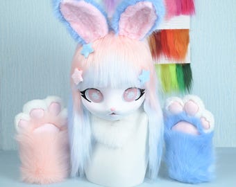 Harige konijnenkop roze blauwe vacht roze ogen konijn fursuit hoofd cosplay masker blauw roze poten handgemaakte hars kigurumi dierenkop prop cadeau speelgoed