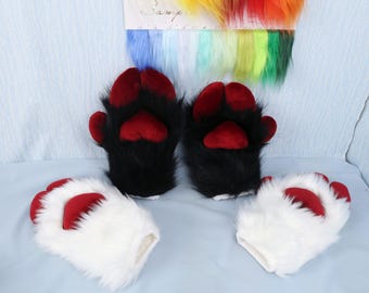 Custom Furry Hoof Paw Gloves Black or White Sheep Style with Red Paw Pads Handmade Cosplay Fursuit KIG Hand Paws Curly Straight Fur Options