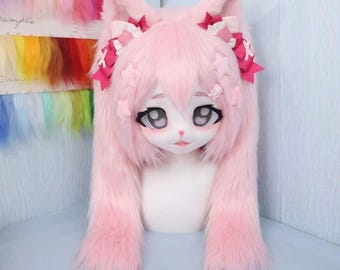 Pink Cat Fursuit Head Twin Tail Kigurumi Lolita Cosplay Mask Furry Anime Costume Headgear