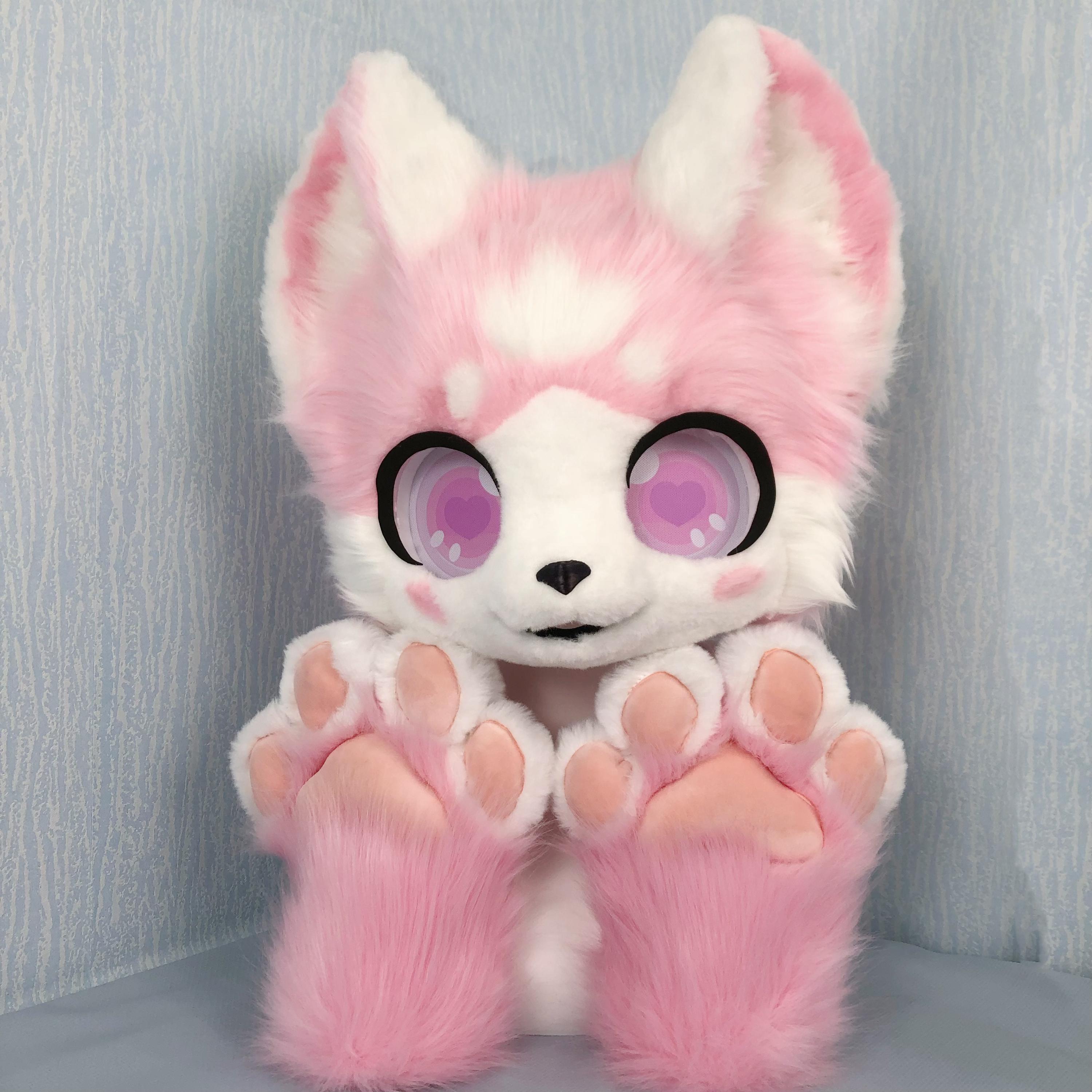 Kawaii Pink Fox Fursuit Head with Matching Paws and Hair Accessories
