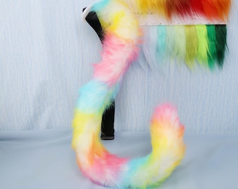 Rainbow Faux Fur Cat Tail Handmade Cosplay Furry Accessory Poseable Long Plush Belt Tail with Wire Core Colorful Kawaii Costume Anime Events