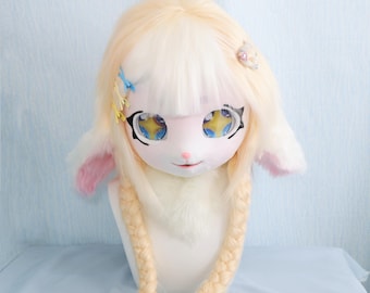 Sweet Dream Lamb Fursuit Head Kawaii Plush Cosplay Mask Lolita Style Soft Animal Helmet Cute Pastel Sheep Costume Partial Convention Party