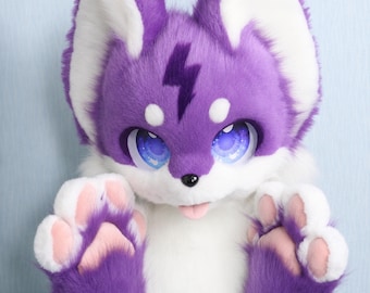 Grape Purple Kawaii Fox Fursuit Head Matching Paw Gloves Plush Furry Cosplay Costume Set