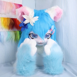 Sky Bloom Furry Cat Head with Blue Paws Handmade Lolita Style Fursuit Mask with Holographic Eyes Flower Hair Clips Cosplay Costume Prop Set