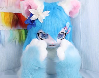 Sky Bloom Furry Cat Head with Blue Paws Handmade Lolita Style Fursuit Mask with Holographic Eyes Flower Hair Clips Cosplay Costume Prop Set