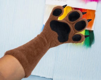 Snug Fit Brown Plush Fursuit Paw Gloves Resin Claw Kemono Cosplay Furry Long Accessory