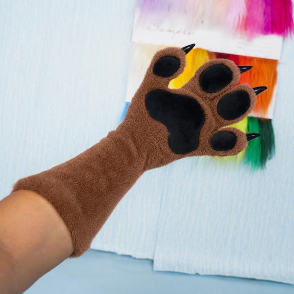 Snug Fit Brown Plush Fursuit Paw Gloves Resin Claw Kemono Cosplay Furry Long Accessory