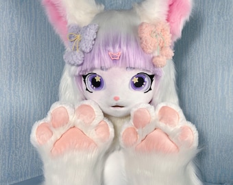 White Cat Furry Head with Matching Paws and Bow Hair Accessories Cute Fluffy Handmade Fursuit Costume Cosplay Dress Up or Halloween Outfit