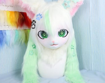 Furry Cat Handmade Fursuit Head Green Paw Eyes Lolita Star Hair Clips Poseable Ears Kawaii Cosplay Costume Accessory for Furry Costume Piece