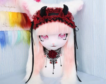 Furry Cat Fursuit Head Handmade Pink White Fluffy Lolita Devil Style Cosplay Mask Horns Lace Bonnet Rose Choker Kawaii Costume Accessory