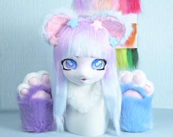 Blue Purple Mouse Fursuit Head Blue Eyes Furry Cosplay Mask Rodent Fursona Head With Blue Purple Paws Handmade Animal Costume Kigurumi Prop