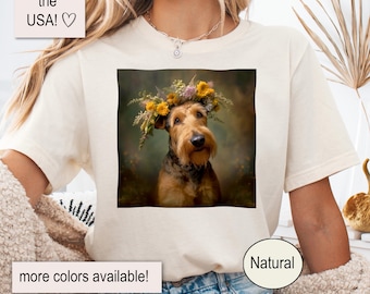 Camiseta com Coroa de Flores para Terrier Airedale - Presente para Amantes de Cães Terrier