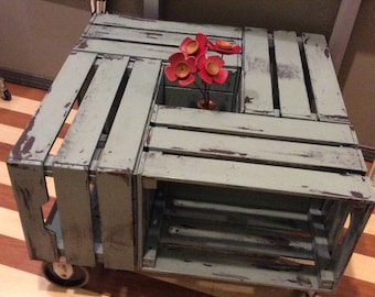 Raw Distressed Handmade Industrial Green Rolling Wooden Factory Cart Coffee Table