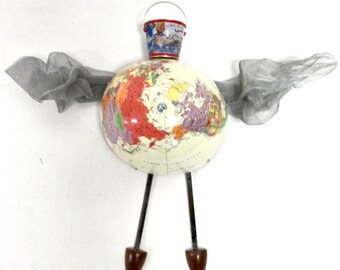 Wonky Bucket List flying Globe Wall Art Mixed mediaSculpture