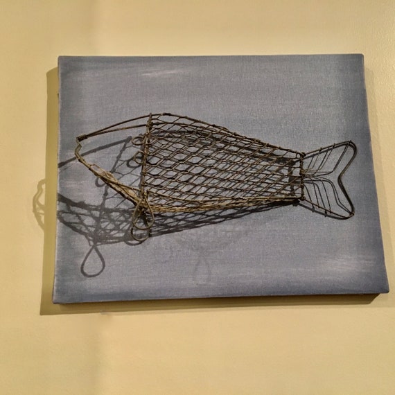 Handprinted Acrylic Fish Bone Painting on Stretched Canvas Wire