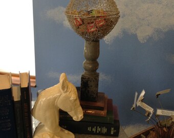 SALE Handmade Wood Metal Globe Basket Centerpiece Sculpture with Vintage wooden Blocks Mixed Media