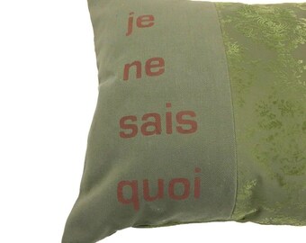 Handmade hand printed Je Ne Sais Quoi pillow Olive green