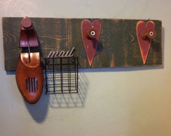 Handmade distressed wood hanging COAT RACK Mail Basket Assemblage Wall Art