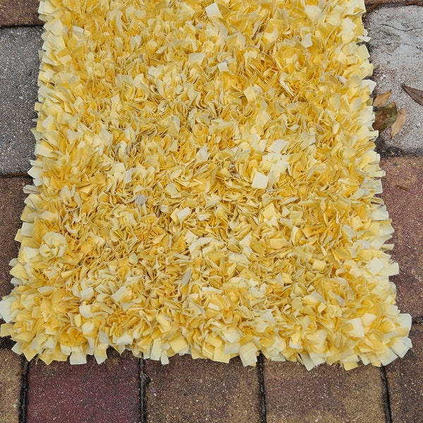 Yellow washable cotton shag rag rug, handmade bedside rug, bathroom rug