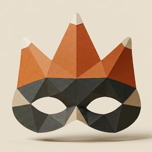 May include: A geometric mask featuring a low-poly design with three pointed peaks. The upper section is colored in shades of orange with white tips, while the lower section surrounding the eye openings is composed of dark gray and beige triangular facets.