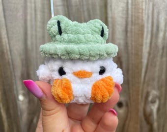 Crochet Duck with Frog Hat: Chenille Amigurumi Plush Toy