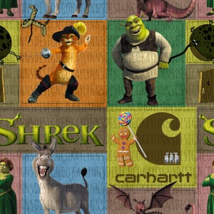 May include: A vibrant patchwork design showcasing characters from the animated film Shrek. The design includes Shrek, Puss in Boots, Donkey, and the Gingerbread Man, set against a backdrop of various colours and textures.