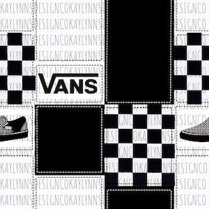 Może przedstawiać: Czarno-biały patchwork z logo Vans, wzorami szachownicy i sylwetką buta. Projekt zawiera tekst "KAYLYNNS DESIGNCOKAYLYNNS" w powtarzającym się wzorze, tworząc wizualnie dynamiczną kompozycję.