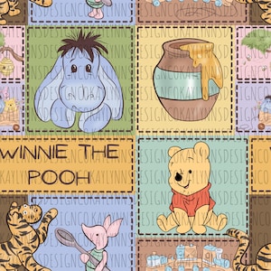 May include: A colorful patchwork design featuring Winnie the Pooh characters. The design includes Eeyore, Winnie the Pooh, a honey pot, Piglet, Tigger, and the text "Winnie the Pooh". The background is a mix of pastel colors.