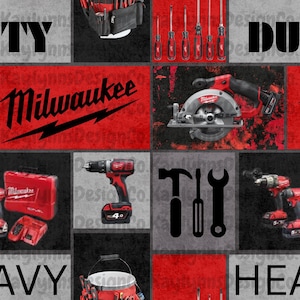 May include: A collage showcasing tools and the "Milwaukee" logo in red and black. The image includes a circular saw, drill, screwdrivers, and a tool bag. The background is a mix of red, grey, and black squares with the words "TY", "DU", "AVY", and "HEAVY".
