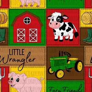 以下が含まれることがあります： 農場の動物や道具をあしらったパッチワークデザイン。赤い納屋、白黒の牛、緑のトラクター、ピンクの豚、「Little Wrangler」と「Farm Friends」の文字がパターンに含まれています。