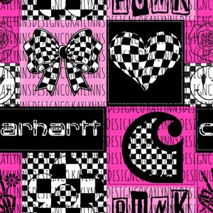 May include: A pink and black checkered pattern with a bow, heart, and Carhartt logo. The design includes the text "KAYLINNS DESIGN" and other graphic elements. The overall theme is punk and edgy.
