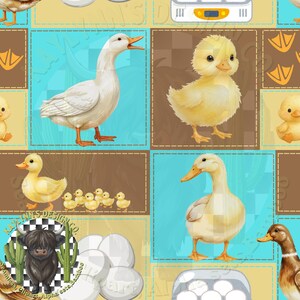 May include: A seamless pattern featuring illustrations of ducks, ducklings, and eggs. The design incorporates various colors, including brown, blue, and yellow, with a patchwork aesthetic. The pattern includes the text "KEY ANNS DESIGN CO."