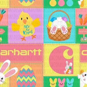 Pode incluir: Padrão colorido de Páscoa com um pintinho amarelo, um coelho numa cesta, cenouras e ovos. O design usa cores pastel e um padrão de blocos repetidos. O texto "He is Risen" também é visível.