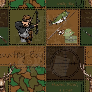 May include: A seamless pattern with hunting and fishing illustrations. The design includes a hunter with a bow, a fish, fishing gear, and text that reads "Country Boy" and "Huntin', Fishin', & Lovin'". The color palette is earthy tones.