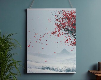 Impression de paysage d'hiver en fleurs de prunier l Peinture décorative à l'encre orientale (téléchargement numérique)