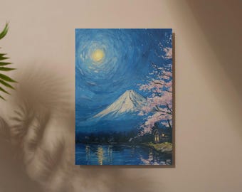 Mount Fuji Moonlight Digital Oil Painting | Japanese Night Landscape Printable Wall Art
