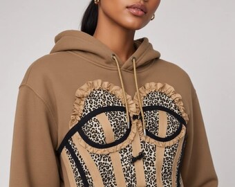 Womens Corset hoodie sweatshirt leopard spot rhinestone strings ruffle trim top