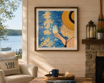 Lake Life, Print by Pop Artist JamiePop Girl drinking wine by the water