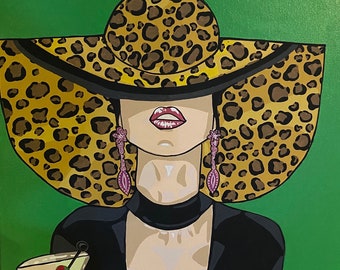 Girl in leopard hat martini, Art Print by Pop Artist JamiePop
