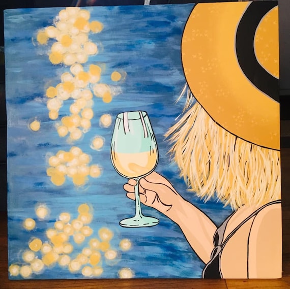Lake Life, Print by Pop Artist JamiePop Girl drinking wine by the water