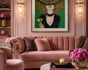 Girl in leopard hat martini, Art Print by Pop Artist JamiePop