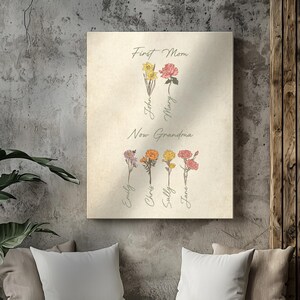 Personalized Birth Month Flower Canvas Wall Art, Custom Framed Floral Print, Mother’s Day Gift for Mom Grandma, Custom Canvas Home Decor