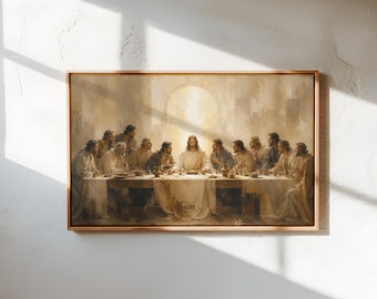 Last Supper Art Canvas, Neutral Palette, Modern Christian Scene, Dining Room Wall Decor