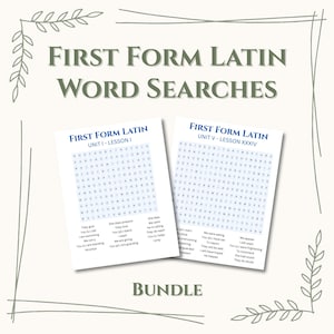 Op de afbeelding: Twee woordzoekpuzzels getiteld "First Form Latin" met de tekst "Unit I - Lesson I" en "Unit V - Lesson XXXIV". De puzzels zijn wit met blauwe tekst en een raster van letters. De woordzoekers maken deel uit van een bundel.