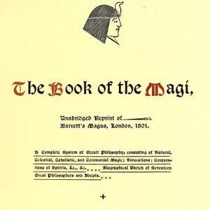 May include: Antique book cover titled "The Book of the Magi" with ornate red and black lettering. Features an illustration of a pharaoh's head. Includes text about occult philosophy and a price of five dollars.