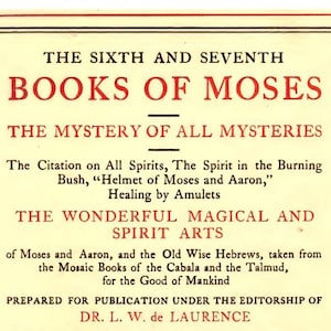 May include: A vintage book cover titled "Books of Moses" with text in red and black. The cover includes detailed descriptions of the book's contents, including magical arts, the Talmud, and Cabala, published in 1910.