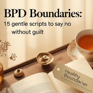 May include: A book titled "BPD Boundaries" with the subtitle "15 gentle scripts to say no without guilt." A bookmark reads "Healthy Boundaries." A cup of tea and decorative items sit on a wooden tray.
