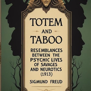 May include: A vintage book cover for "Totem and Taboo" by Sigmund Freud. The design includes a central decorative frame with the title and author's name, framed by silhouetted faces and a stylized face with a headdress.